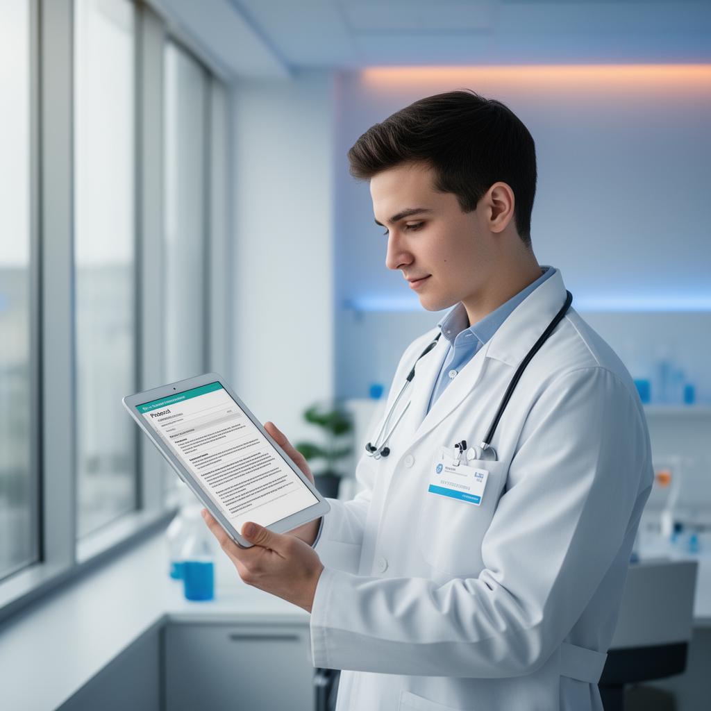 Profesional de la salud revisando un protocolo de investigación